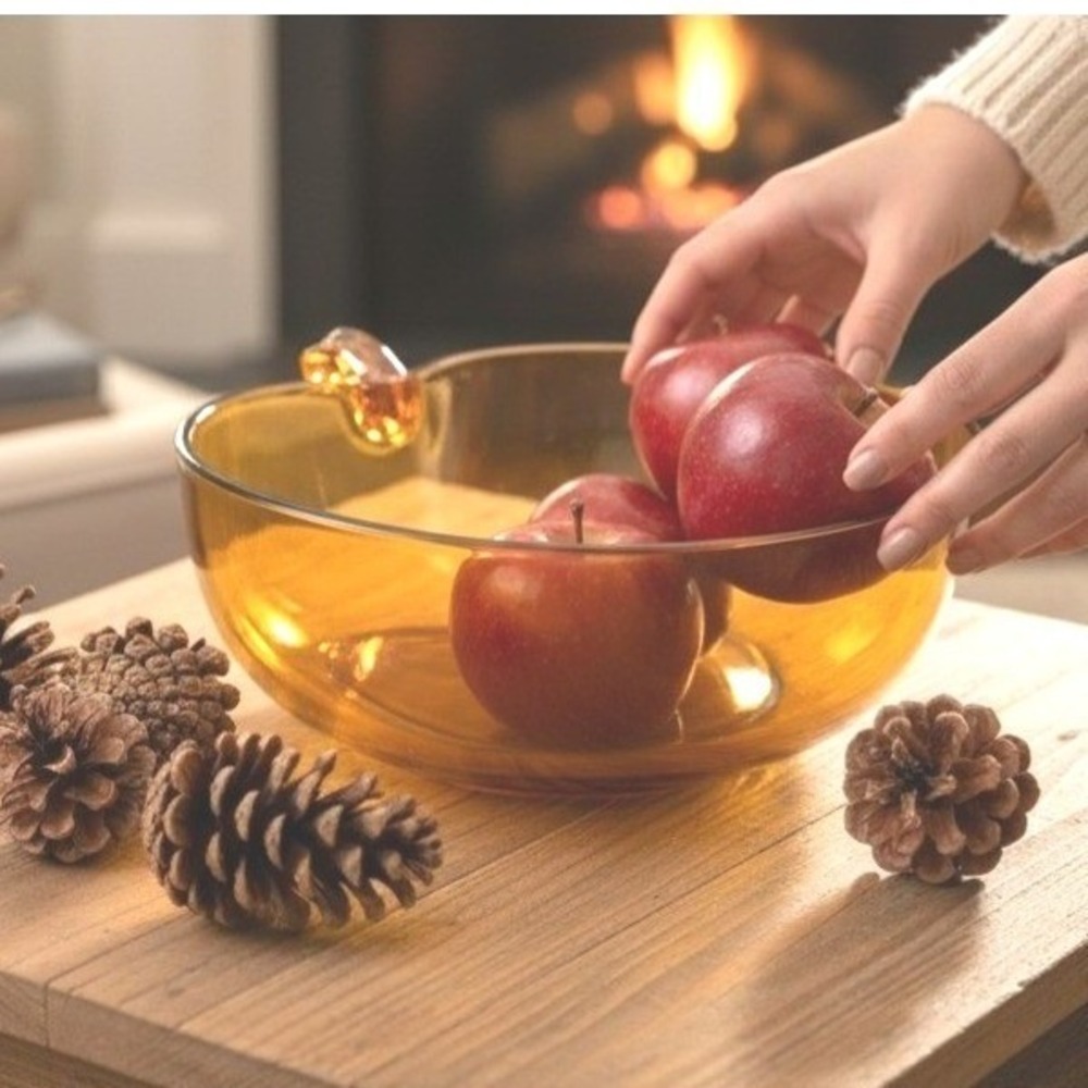 Vintage Hazel Atlas Orchard Apple Large Bowl Amber Glass 70s MCM Fall Decor 10"